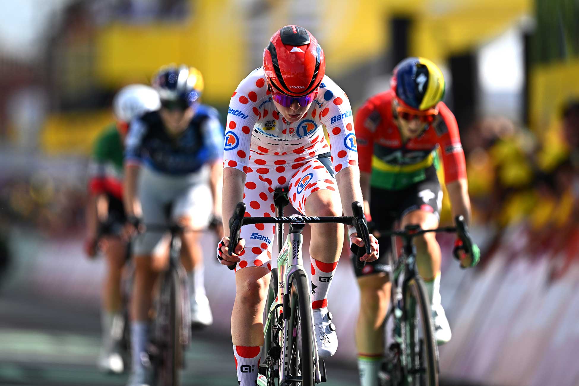 Puck Pieterse (Fenix-Premier Tech) finishes stage 5 of the Tour de France Femmes in the polka dot jersey