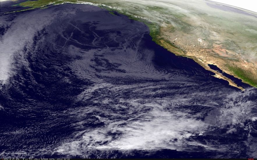 An image of the weather above the West Coast, taken by the NOAA GOES-15 satellite. Notice the lack of moisture over the Southwest, corresponding to cold, dry air. 