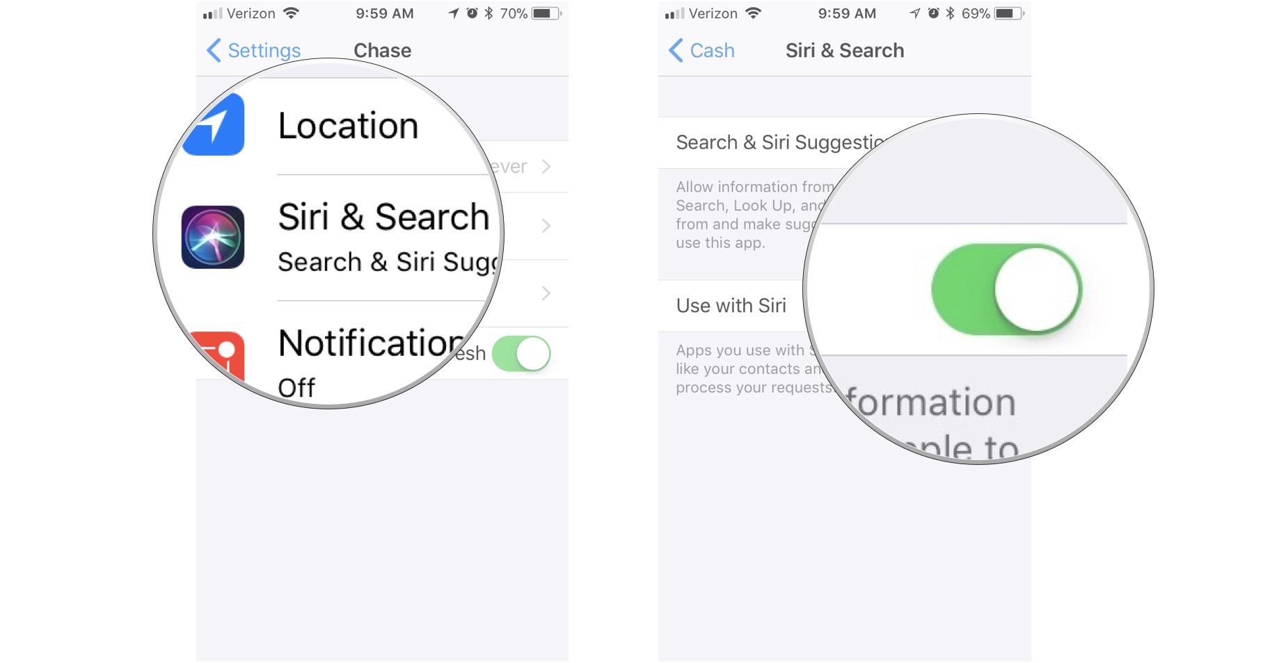 Tap Siri and Search, then turn on Use with Siri