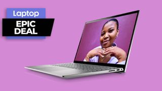 Dell Inspiron 14 laptop in silver against a purple background with epic deal text