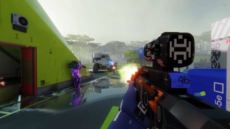 Marathon firing precision rifle at enemy runner with teammate