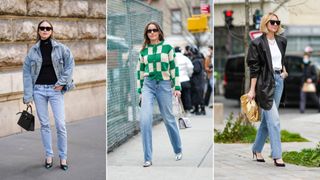 A composite of street style influencers wearing straight jeans and heels