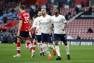 Manchester City’s Raheem Sterling celebrates scoring a goal against Southampton.