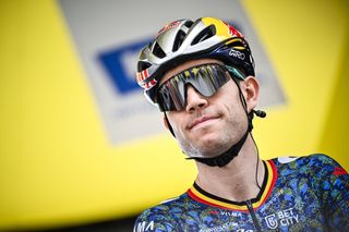 Belgian Wout van Aert of Team Visma-Lease a Bike pictured at the start of stage 5 of the 2024 Tour de France cycling race, from Saint-Jean-de-Maurienne to Saint-Vulbas, France (177,4 km) on Wednesday 03 July 2024. The 111th edition of the Tour de France starts on Saturday 29 June and will finish in Nice, France on 21 July. BELGA PHOTO JASPER JACOBS (Photo by JASPER JACOBS / BELGA MAG / Belga via AFP) (Photo by JASPER JACOBS/BELGA MAG/AFP via Getty Images)