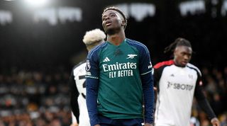 Bukayo Saka reacts after a missed chance in Arsenal's Premier League game at Fulham in December 2023.