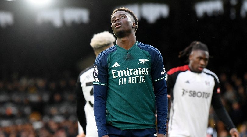 Bukayo Saka reacts after a missed chance in Arsenal&#039;s Premier League game at Fulham in December 2023.