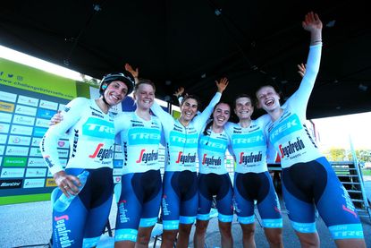 Trek-Segafredo celebrate winning the opening stage team time trial at the 2022 Ceratizit Challenge by La Vuelta