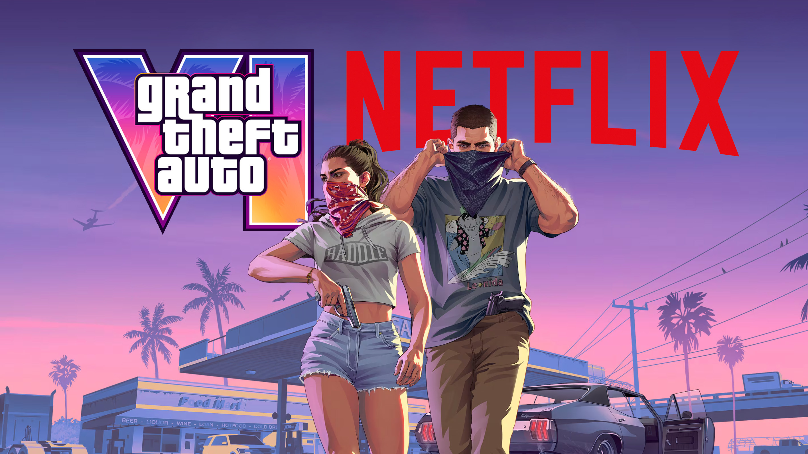GTA 6 and Netflix logos on a Vice City background alongside lead characters Lucia and Jason