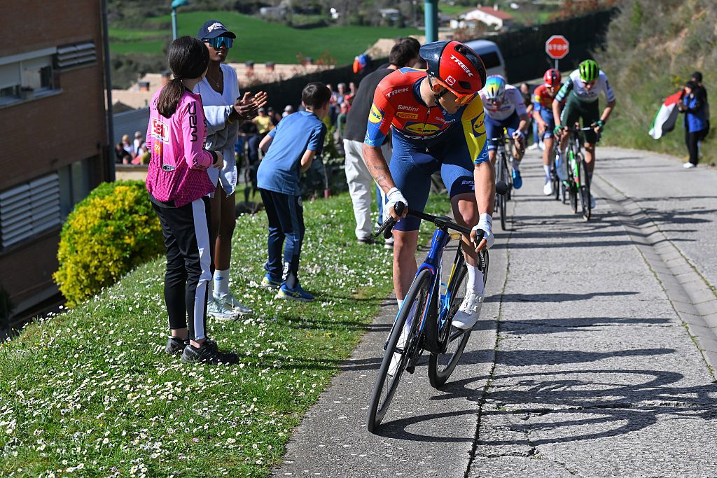 ESTELLALIZARRA SPAIN APRIL 05 Race winner Thibau Nys of Belgium and Team Lidl Trek attacks during the 34th Gran Premio Miguel Indurain 2025 a 2039km one day race from EstellaLizarra to EstellaLizarra on April 05 2025 in EstellaLizarra Spain Photo by Tim de WaeleGetty Images