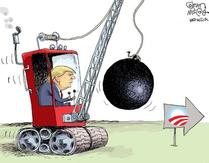 Political cartoon U.S. Donald Trump Obamacare destruction
