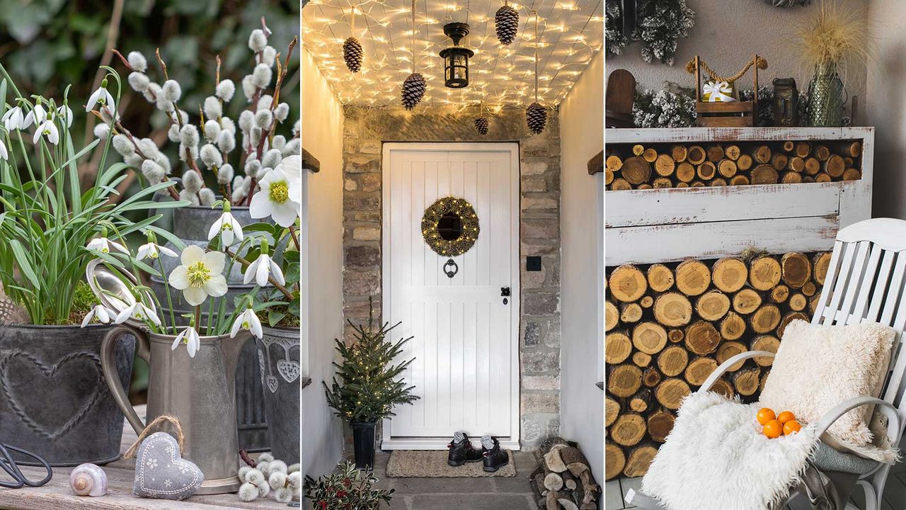 winter porch with wreath and garland