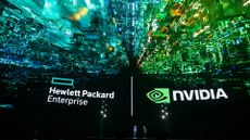 HPE chief executive Antonio Neri pictured on stage with Nvidia CEO Jensen Huang at the annual HPE Discover event in Las Vegas, Nevada.
