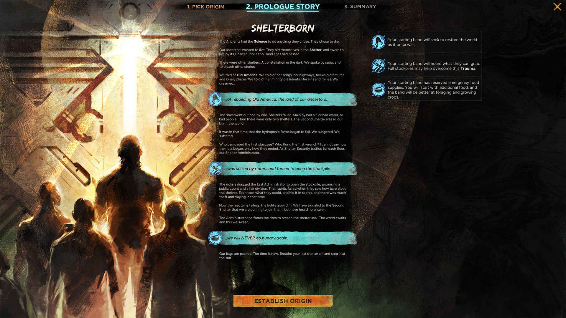 Afterworld gameplay showing an origin story of Shelterborn and the choices they had to make in their past