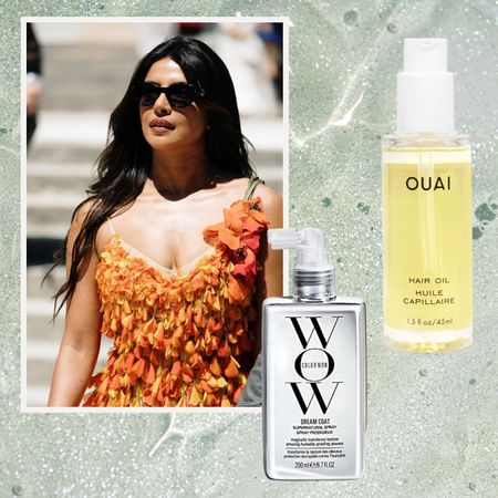 a mint green background with a woman with glossy black hair wearing an orange tank top next to a butter yellow bottle and a silver spray bottle
