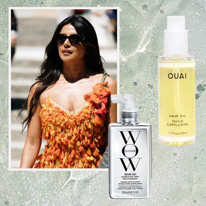 a mint green background with a woman with glossy black hair wearing an orange tank top next to a butter yellow bottle and a silver spray bottle