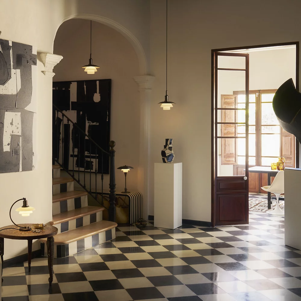 checkered floors and modern lighting
