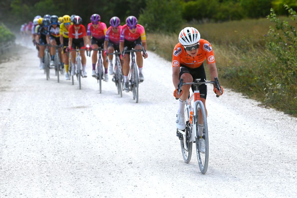 BARSURAUBE FRANCE JULY 27 Coralie Demay of France and Team St Michel Auber 93 competes in the breakaway during the 1st Tour de France Femmes 2022 Stage 4 a 1268km stage from Troyes to BarSurAube TDFF UCIWWT on July 27 2022 in BarsurAube France Photo by Tim de WaeleGetty Images