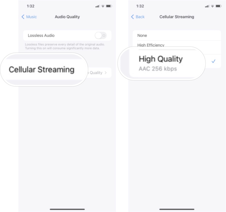 So passen Sie die Audioqualität in iOS 15 an: Tippen Sie auf Mobilfunk-Streaming und dann auf Hohe Qualität.