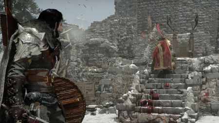 A screenshot of Macduff fighting the Staglord in the Crimson Desert trailer. 