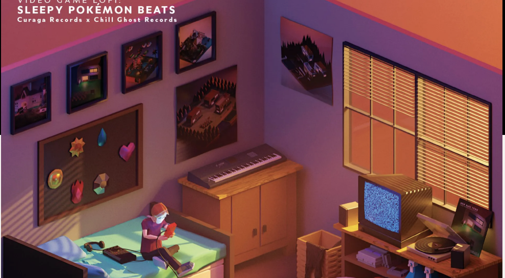 An illustration of a young person in a room, playing on a handheld gaming device like a Game Boy, with purple shadows and a TV in the corner