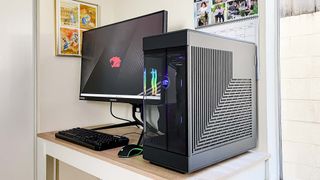 iBuyPower Y60 review unit on desk showing metal side panel