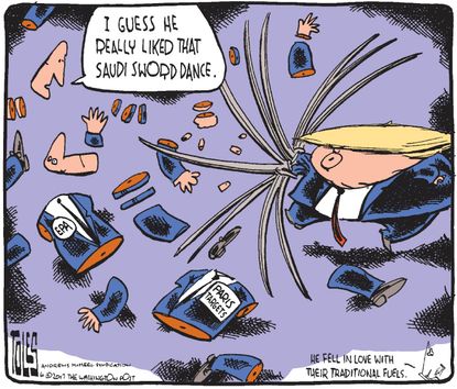 Political cartoon U.S. Trump abroad Saudi Arabia Paris climate change