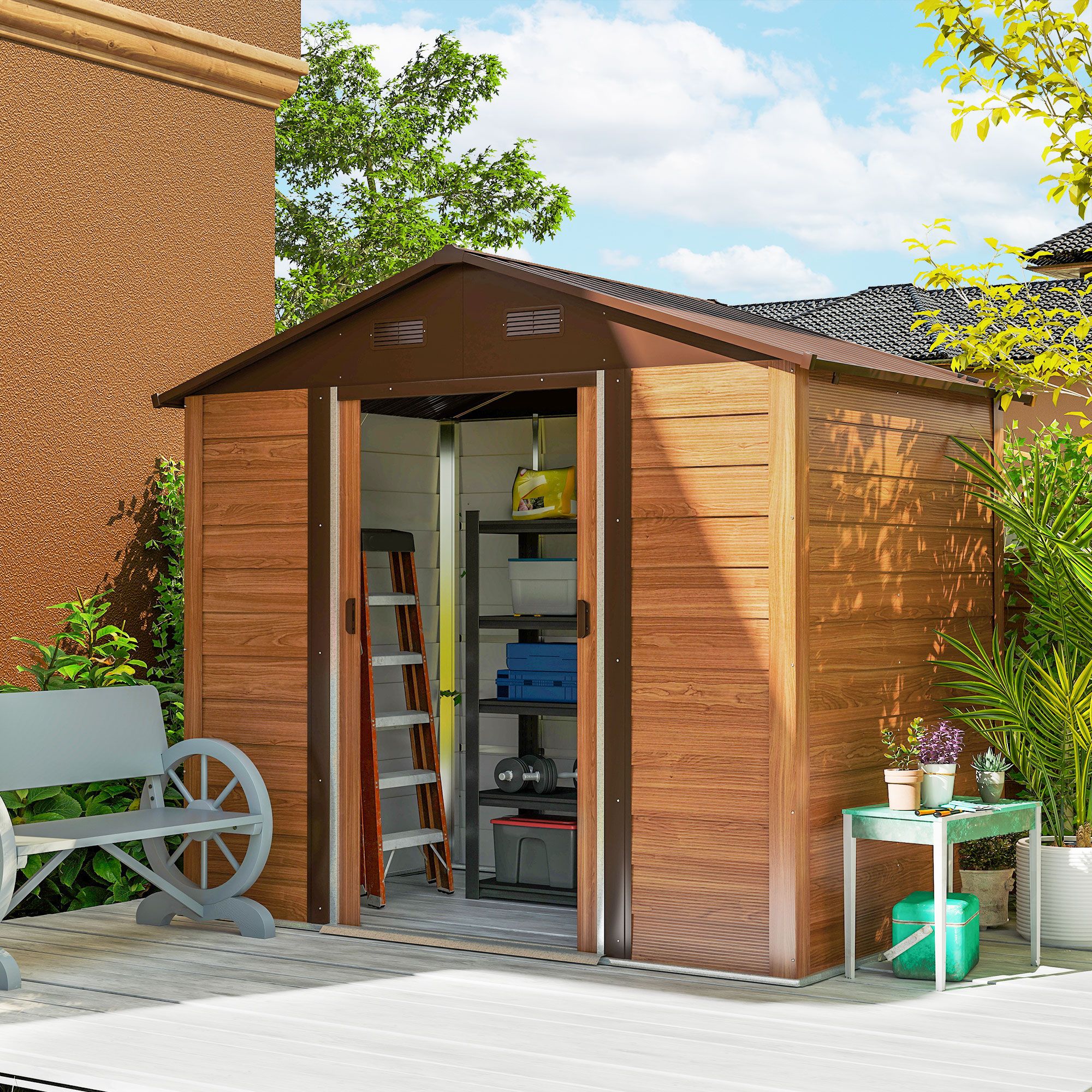 8 X 6ft Garden Shed Wood Effect Tool Storage Sliding Door Wood Grain