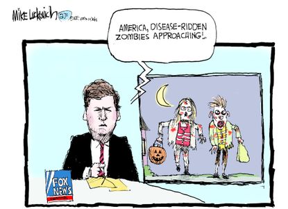 Political cartoon U.S. Fox News Halloween migrant caravan disease zombies
