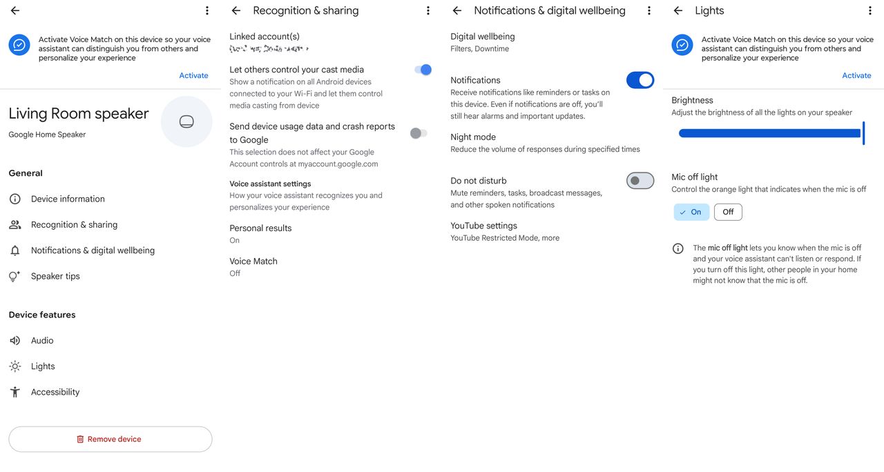 All the options available in the Google Home app for the Google Home Speaker