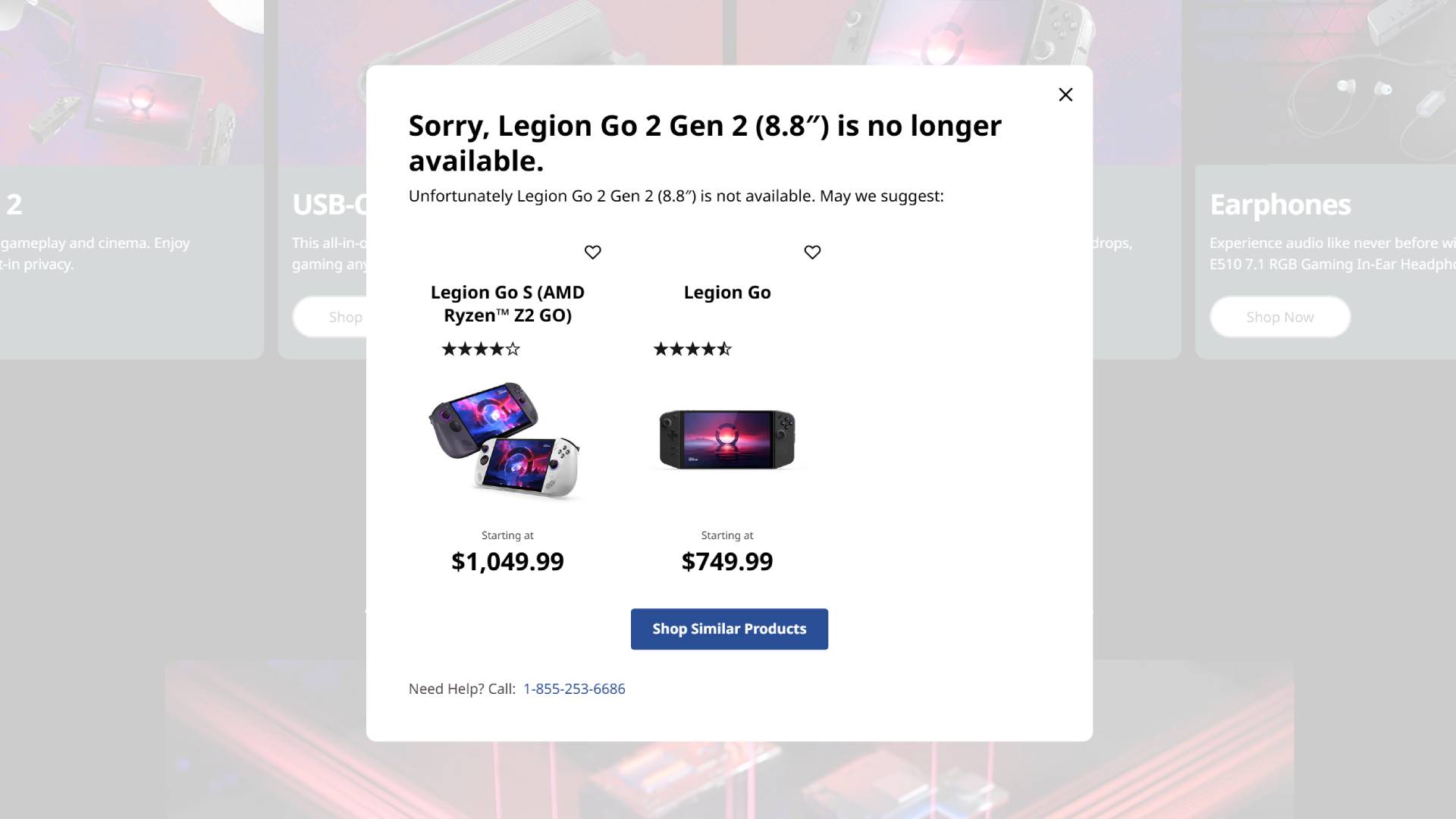 Lenovo Legion Go 2 landing page pop up that reads "Sorry, Legion Go 2 Gen 2 (8.8") is no longer available with links to Legion Go S and Legion Go below.