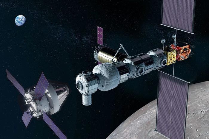 The Power and Propulsion Element, at far right in this illustration, will be the first element of NASA&#039;s lunar Gateway and will likely be based on existing commercial satellite buses.