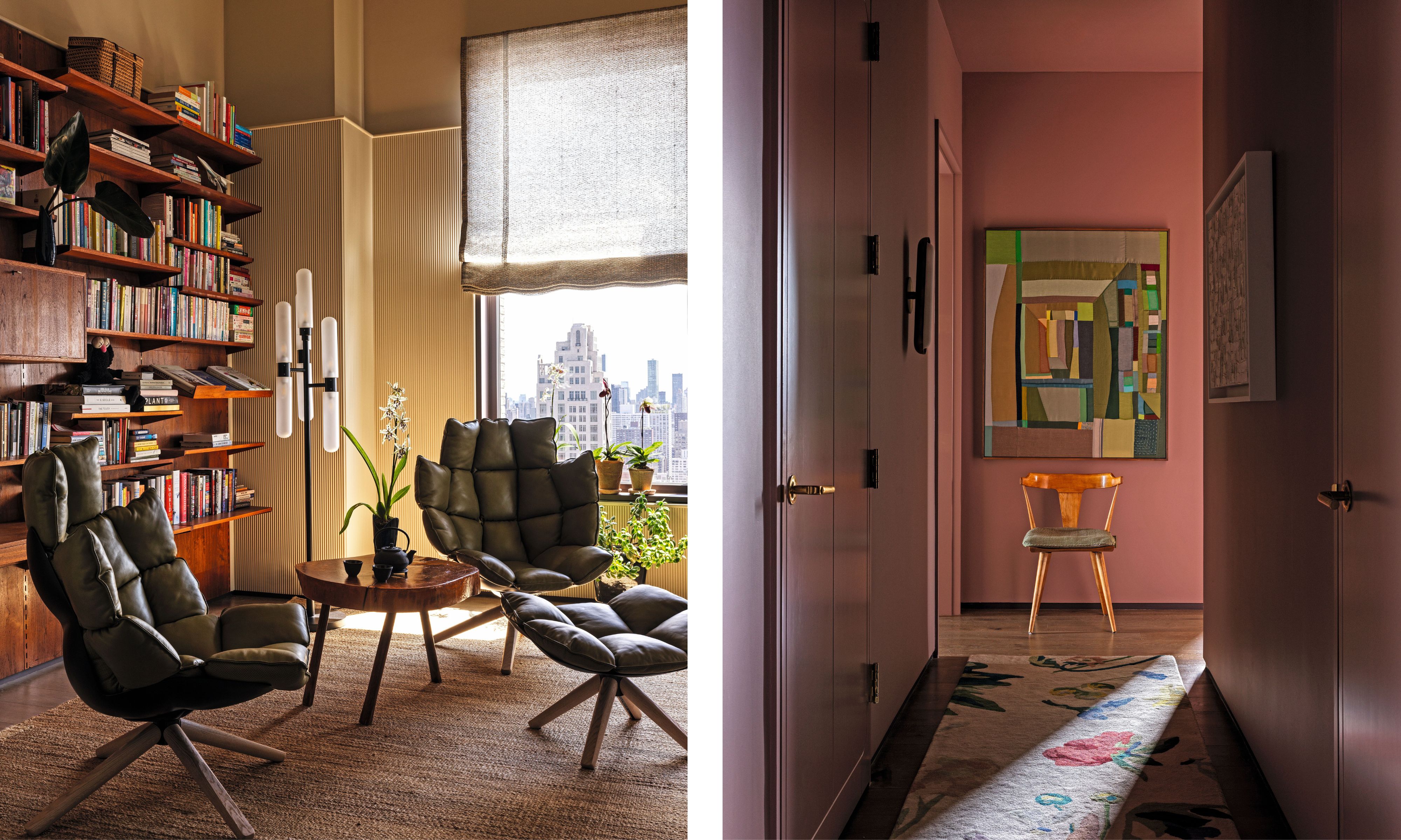 Two images. The left is of a butter yellow study with two leather chairs and a matching footstool and wooden coffee table. There is a a red bookcase on one wall. The right image is of a pink colordrench entryway with an artwork at one end and a chair underneath