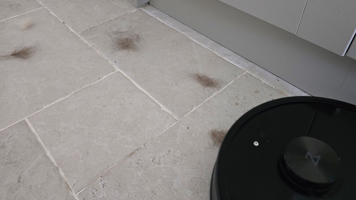 Roborock Q7 M5 cleaning pet hair on a stone floor