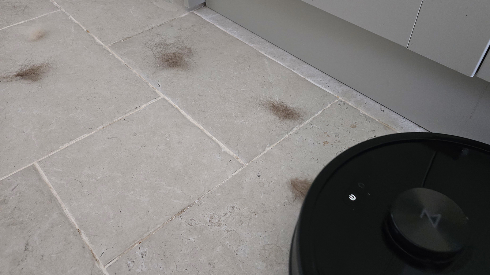 Roborock Q7 M5 cleaning pet hair on a stone floor