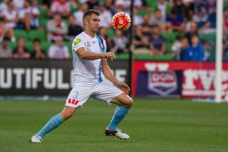Aaron Hughes in action for Melbourne City against Sydney FC in January 2016.