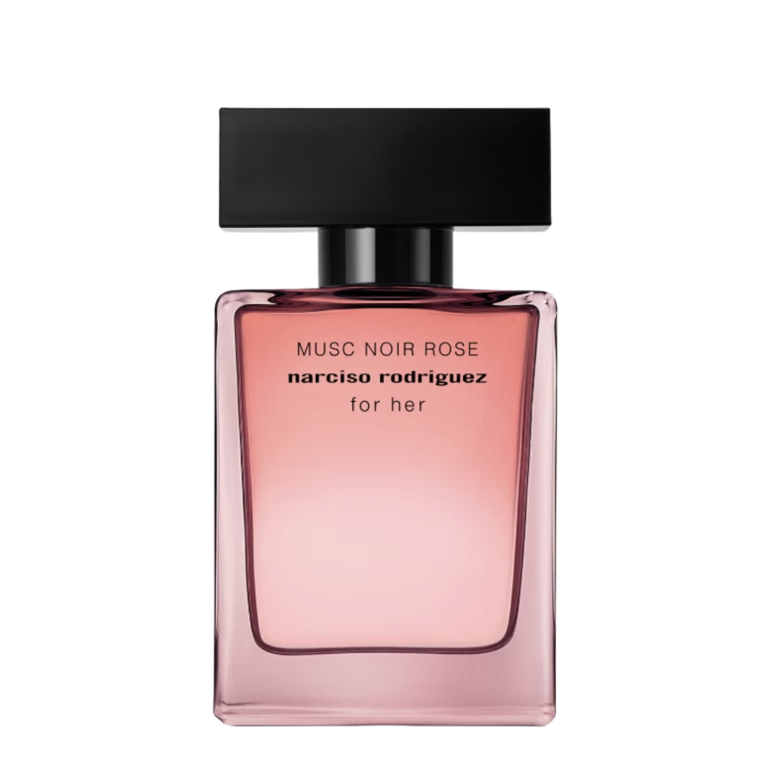 A product shot of the Narciso Rodriguez for Her Musc Noir Rose Eau de Parfum, on a white background