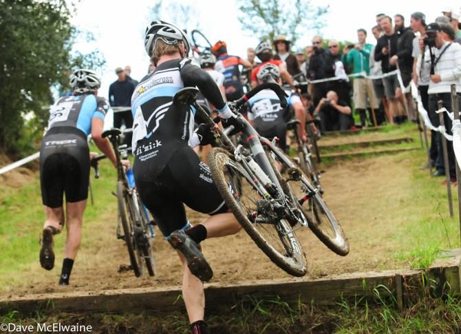 Racers run up the first of two sets of stairs