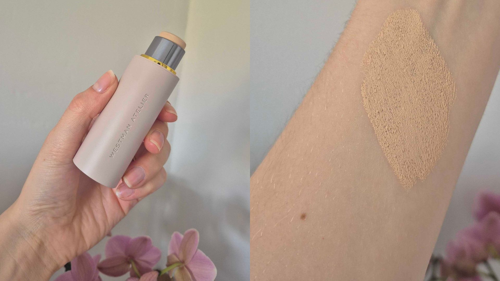 On the left is a close-up of Digital Beauty Writer, Naomi Jamieson, holding up the Westman Atelier Vital Skin Foundation Stick in shade Atelier N, in her hand/ above some pink orchids and in front of a cream wall and on the right is a swatch of this foundation shade on Naomi&#039;s arm.
