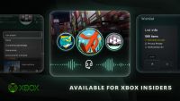 An Xbox interface showing a central profile with three circular icons, a sound wave visualizer, and side menus for game lists and wishlist settings.