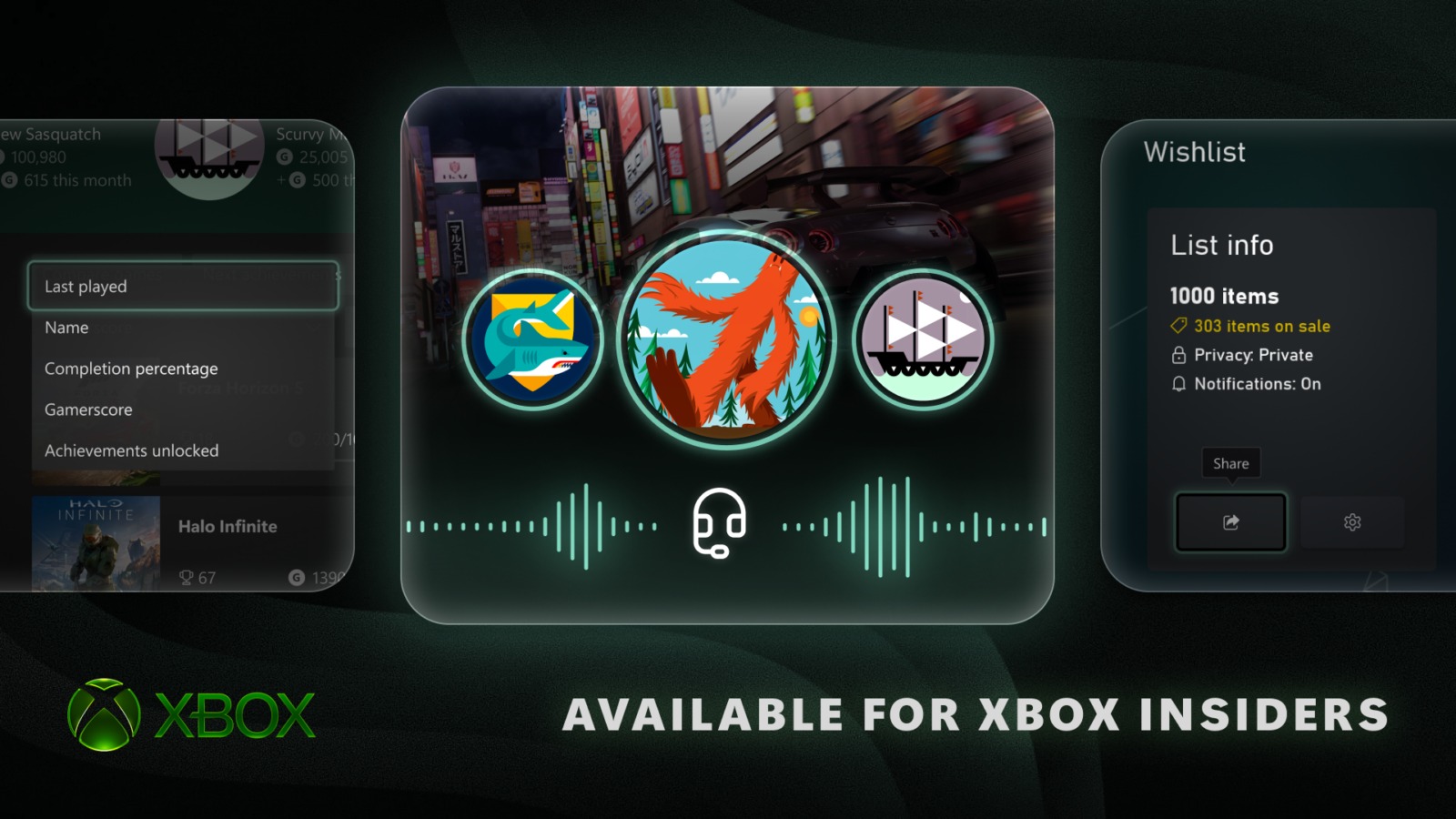An Xbox interface showing a central profile with three circular icons, a sound wave visualizer, and side menus for game lists and wishlist settings.