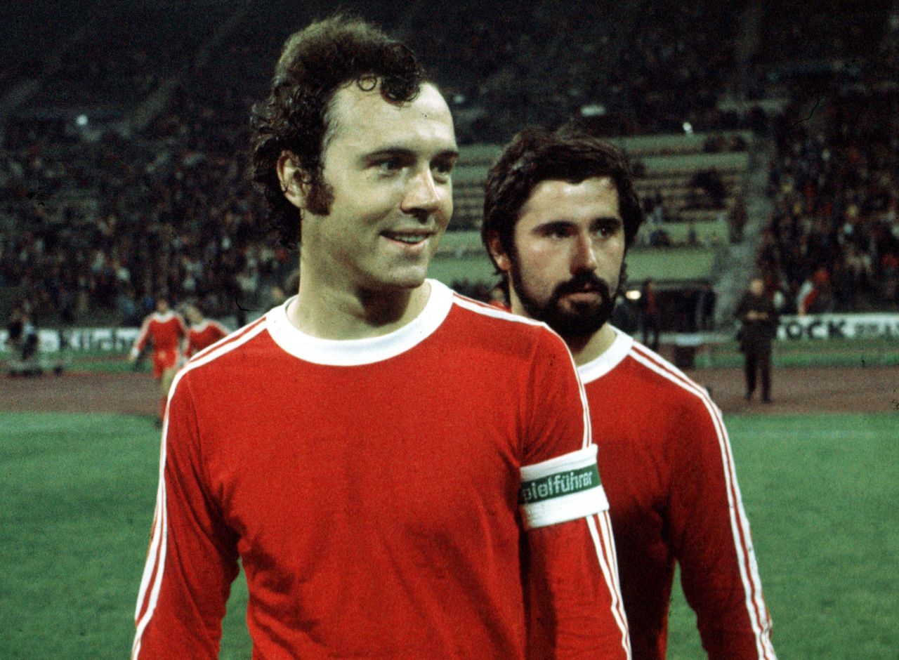 Captain Franz Beckenbauer and Gerd Muller of Bayern Munich during the 1976 European Cup semi-final against Real Madrid