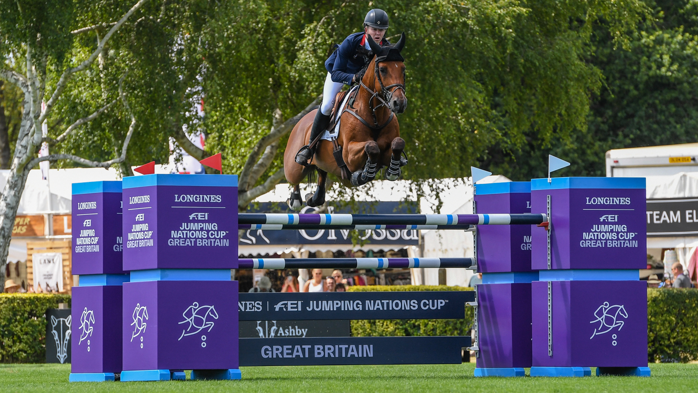 Harry Charles and Casquo Blue competing in the Nations Cup at the Royal International at Hickstead