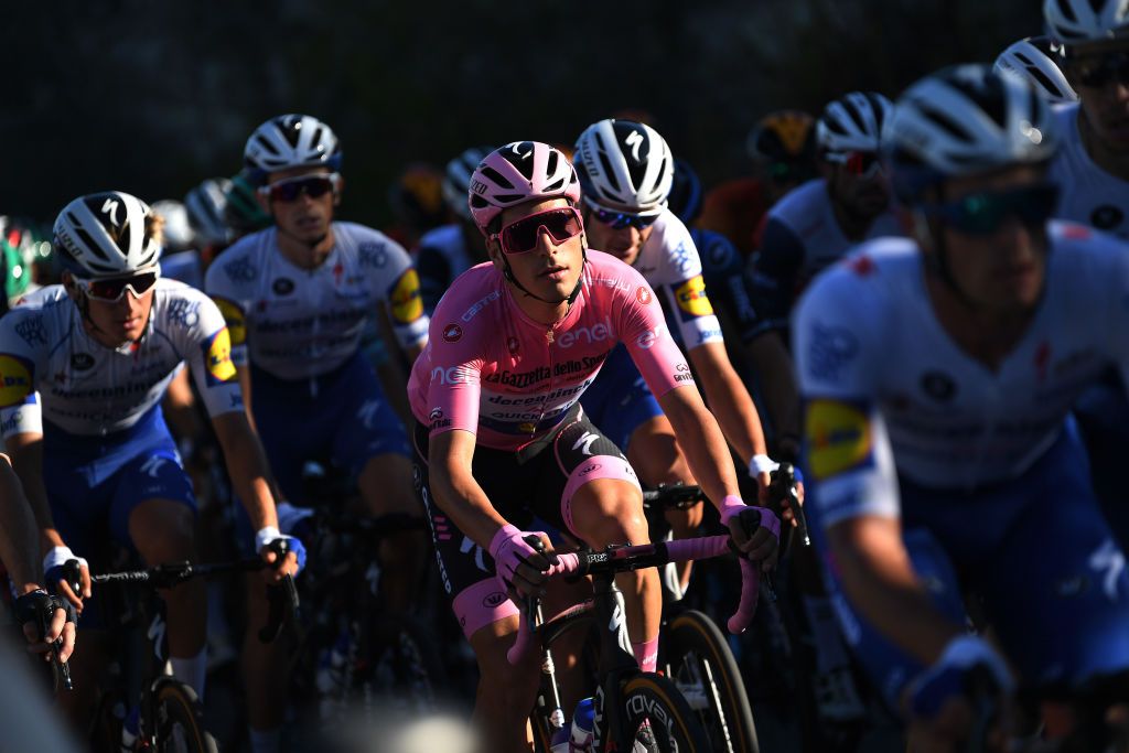 VIESTE ITALY OCTOBER 10 Joao Almeida of Portugal and Team Deceuninck QuickStep Pink Leader Jersey during the 103rd Giro dItalia 2020 Stage Eight a 200km stage from Giovinazzo to ViesteGargano girodiitalia Giro on October 10 2020 in Vieste Italy Photo by Tim de WaeleGetty Images