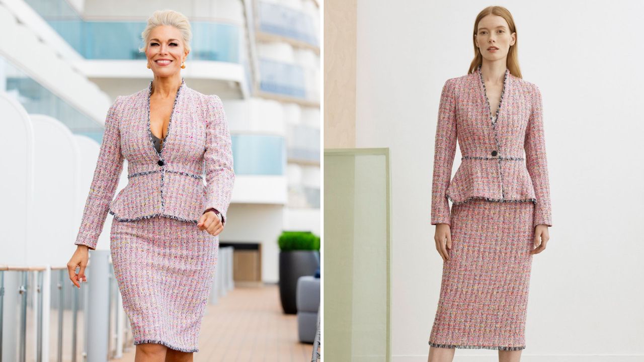 Hannah Waddingham tweed suit and Burlington Jacket Pale Pink Multicolour Tweed