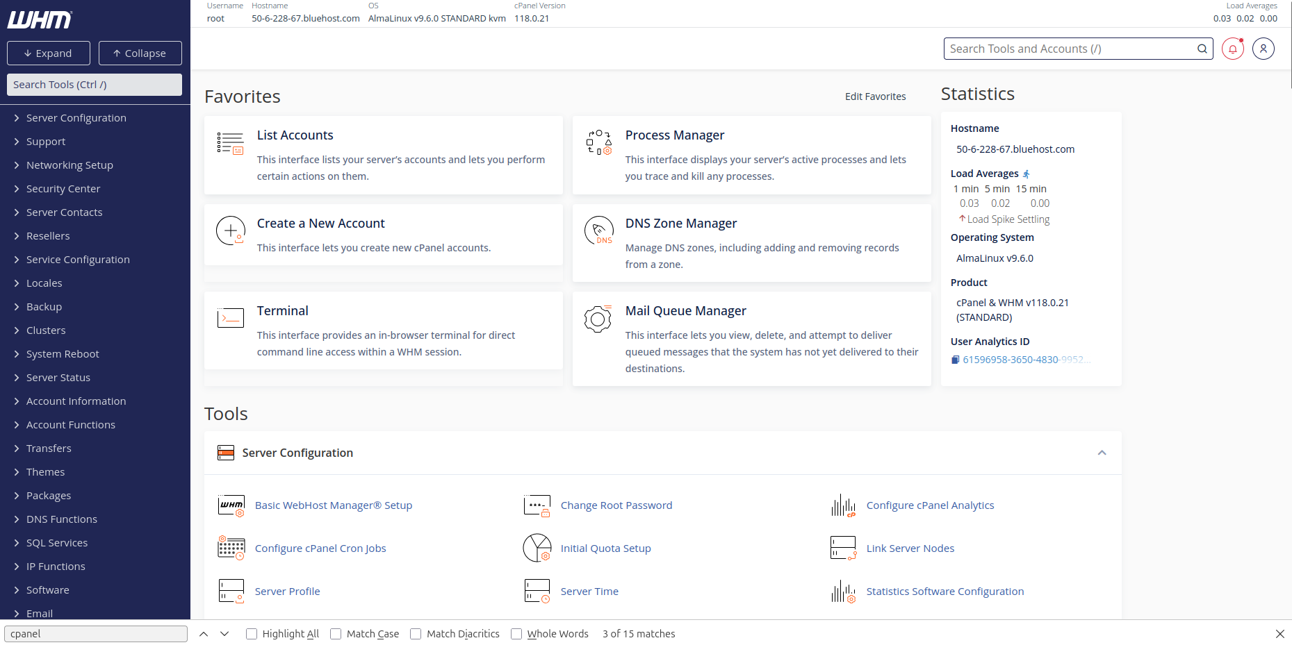 WHM console in Bluehost VPS hosting