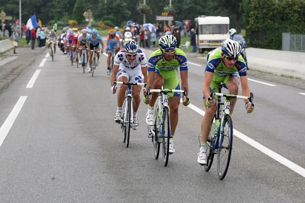 Frederik Willems leads Liquigas teammate Daniele Benatti in the break of the day.