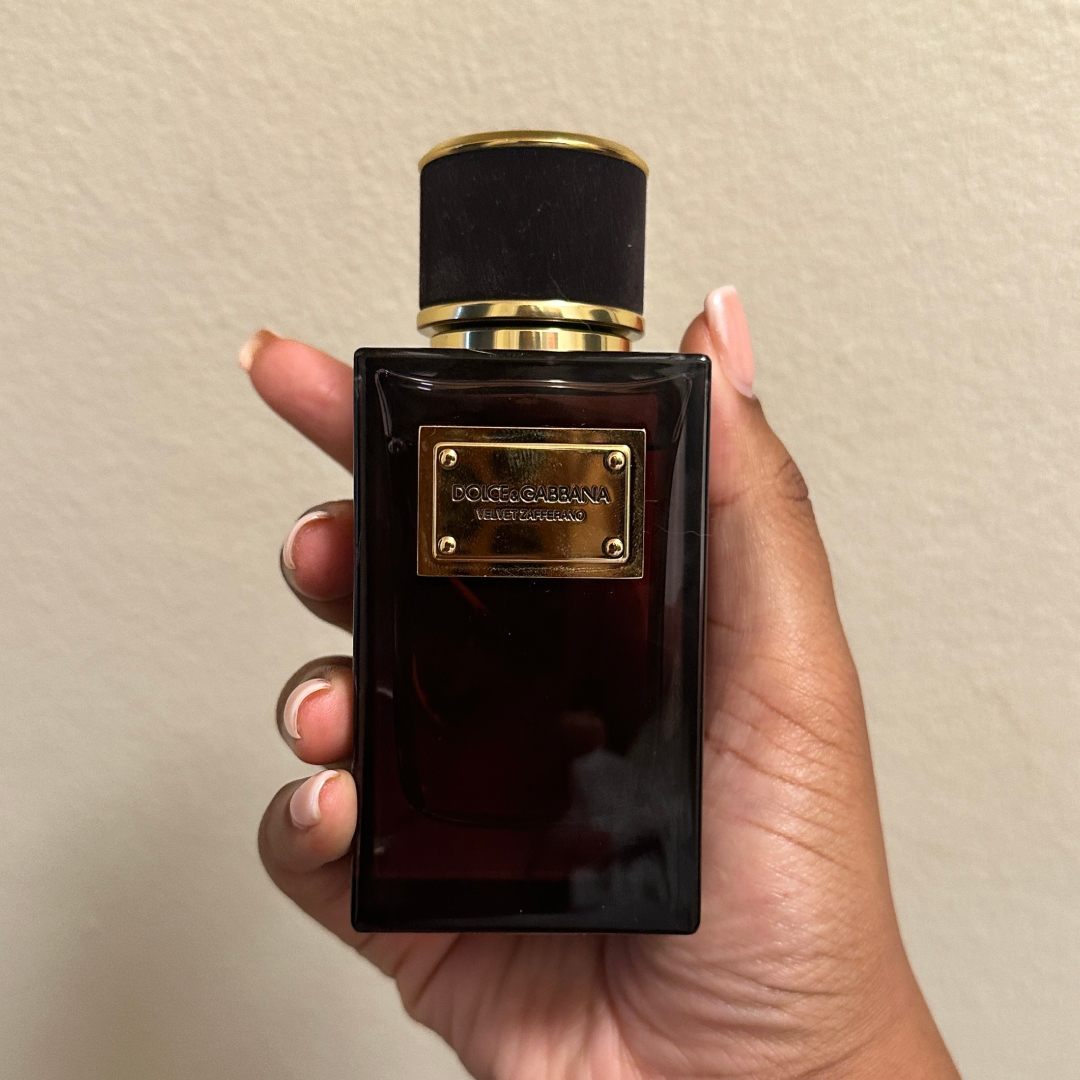Ariel Baker testing Dolce&amp;amp;Gabbana Velvet Zafferano fragrance.
