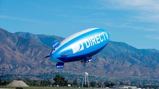 A general view as the DirecTV Blimp Makes Its First Trip Out West at San Bernardino Airport on October 3, 2014 in San Bernardino, California.