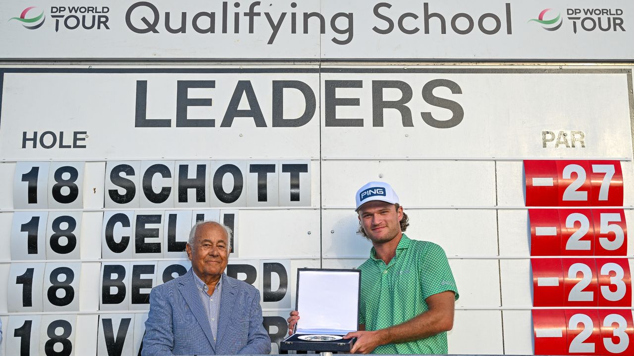 Freddy Schott receives the trophy from Angel Gallardo after DP World Tour Q-school