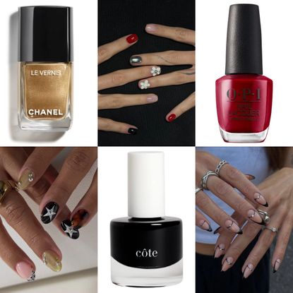 a collage of six images featuring black, red, and witchy nail designs for the first week of october